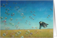 Flying Into Happiness. Bird with bubbles painting by Adam Thomas card