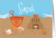 Hand Lettered Beach Party Invitation with Seashell Covered Beach card