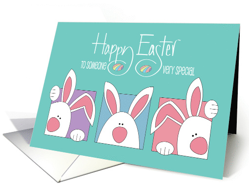 Hand Lettered Easter with White Bunnies and Decorated Easter Eggs card