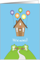 Announcement of We’ve Moved with house and balloons card