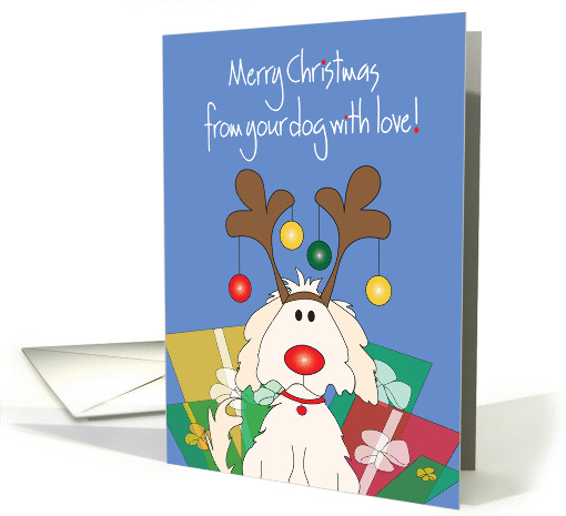 Christmas From Pet Dog with Reindeer Antlers and Ornaments card