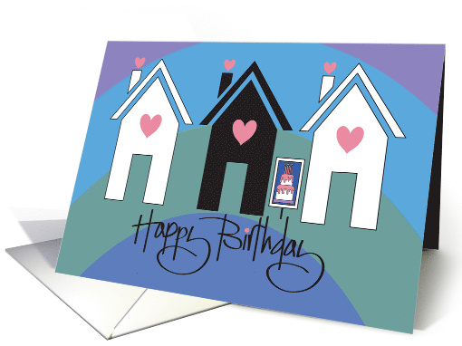 Happy Birthday for Neighbor, Cute Houses on Hilltop card (1050319)