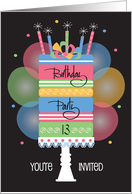 Hand Lettered 13th Birthday Party Invitation Cake, Hearts & Balloons card