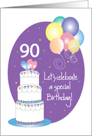 Hand Lettered 90th Birthday Party Invitation Cake, Hearts & Balloons card