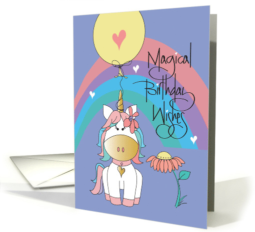 Birthday with Rainbow Magical Birthday Wishes with White Unicorn card
