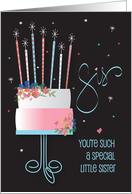 Hand Lettered Birthday for Little Sister with Tiered Cake and Flowers card