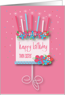 Hand Lettered Birthday for Twin Sister with Tiered Cake and Flowers card