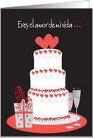 Feliz Aniversario en espaol, copas de champn y pastel con corazones card