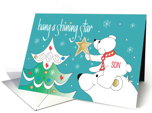 Christmas for Son Polar Bears Hang a Shining Star Decorating Tree card