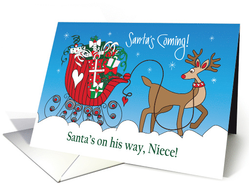Christmas for Niece, Santa's Coming Red Sleigh with Wrapped Gifts card
