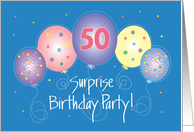Hand Lettered 50th Surprise Birthday Party Invitation with Balloons card