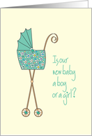 Hand Lettered Invitation to Baby Gender Reveal Party Teal Stroller card