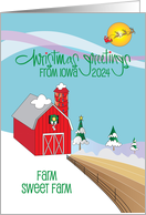 Iowa Christmas Greetings Red Decorated Barn and Decorated Trees card