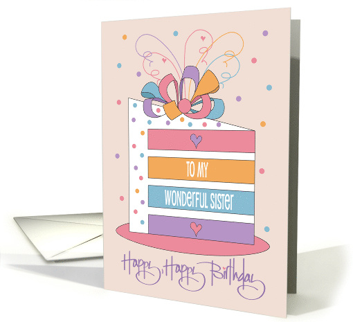 Birthday for Wonderful Sister Ribbon Topped Rainbow Birthday Cake card