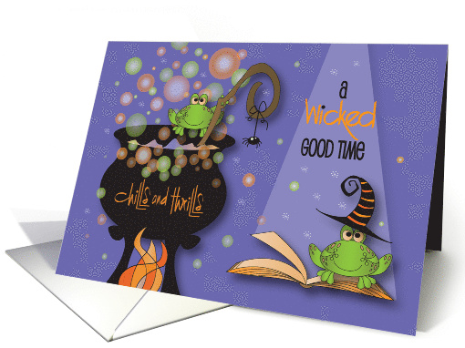 Halloween Party Invitation Wicked Good Time Cauldron and Frogs card