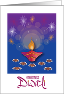 Diwali Diya Clay Lamp, Magnolia Blossoms & Fireworks on Water card