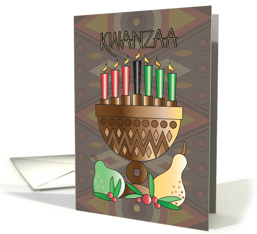 Hand Lettered Kwanzaa with Kinara Mishumaa Saba Candles and Fruit card
