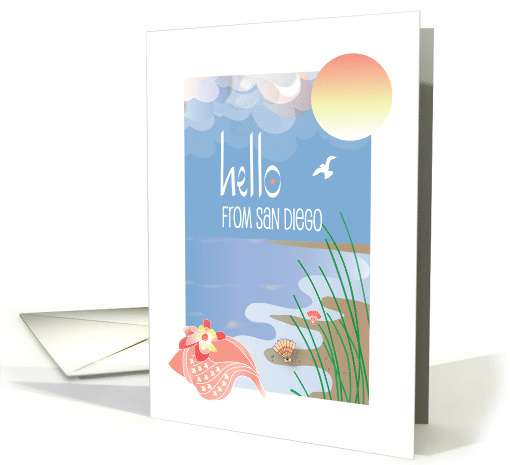 Hello from San Diego with Conch Seashell on Sandy Beach in Sun card