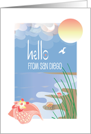 Hello from San Diego with Conch Seashell on Sandy Beach in Sun card