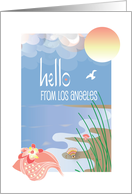 Hello from Los Angeles with Conch Seashell on Beach with Sunshine card