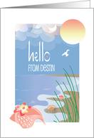 Hello from Destin with Conch Seashell on Sandy Beach and Round Sun card