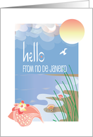 Hello from Rio de Janeiro with Conch Seashell on Sandy Beach with Sun card