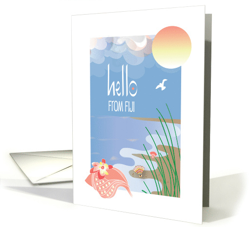 Hello from Fiji with Conch Seashell on Sandy Beach and Round Sun card