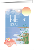 Hello from Fiji with Conch Seashell on Sandy Beach and Round Sun card