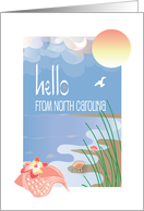 Hello from North Carolina with Conch Seashell on Sandy Beach and Sun card