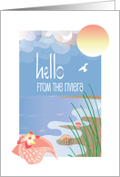 Hello from The Riviera with Conch Seashell on Sandy Beach in Sunlight card