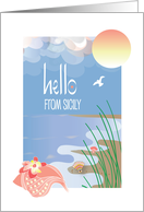 Hello from Sicily Italy with Conch Seashell on Sandy Beach in Sunlight card