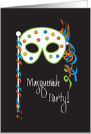 Invitation to Masquerade Party with Mask and Ribbons on a Stick card