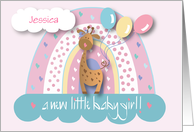 Announcement of New Baby Daughter Giraffe Rainbow and Custom Name card