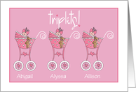 Announcement of Baby Girl Triplets Three Pink Strollers Custom Names card