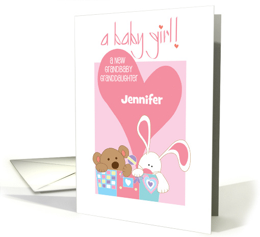 Announcement Baby Granddaughter Bear and Bunny Custom Name card