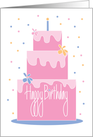 Hand Lettered Happy Birthday with Frosted Pink Layered Cake card