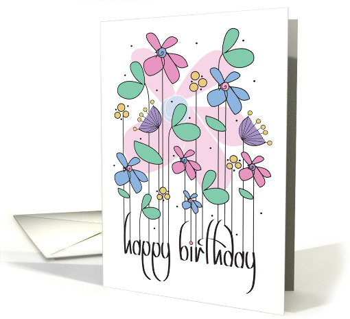Hand Lettered Happy Birthday with Floral Bouquet of Pink and Blue card