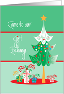 Invitation to Christmas Gift Exchange with Decorated Tree and Gifts card