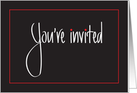 Hand Lettered Formal Business Invitation, You’re Invited, on Black card