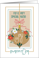 Christmas for Special Nurse, Golden Ornament with Joy & Poinsettias card