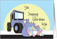 Easter for Son, Front Loader Scooping Up Easter Eggs & Bunny card