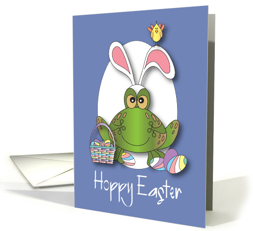 Hand Lettered Hoppy Easter Frog Wearing Bunny Ears with Eggs card