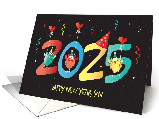 New Year's 2025 for Son with Birds Celebrating with Party Hats card