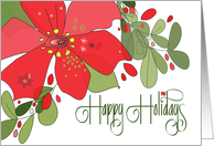 Hand Lettered Happy Holidays with Large Red Poinsettia and Berries card