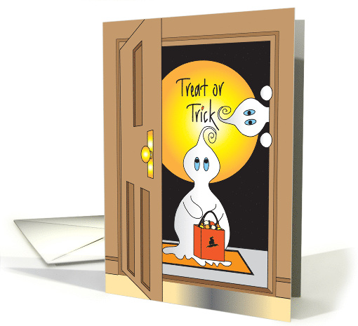 Hand Lettered Treat or Trick with Ghostly Visitors at Open Door card