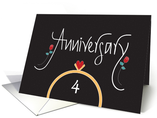 Hand Lettered Fourth Anniversary Congratulations, Ring & Roses card