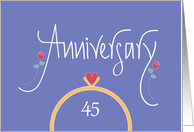 45th Wedding Anniversary, Wedding Rings, Heart and Red Roses card