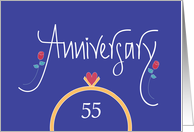 55th Wedding Anniversary, Wedding Rings, Heart and Red Roses card