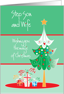 Christmas for Step Son and Wife, Christmas Tree and Gifts card