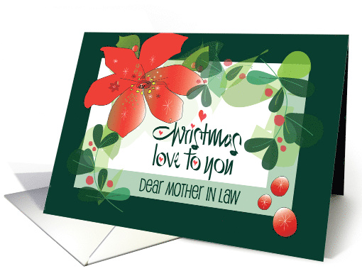 Christmas for Mother in Law Red Poinsettia and Holly Berries card